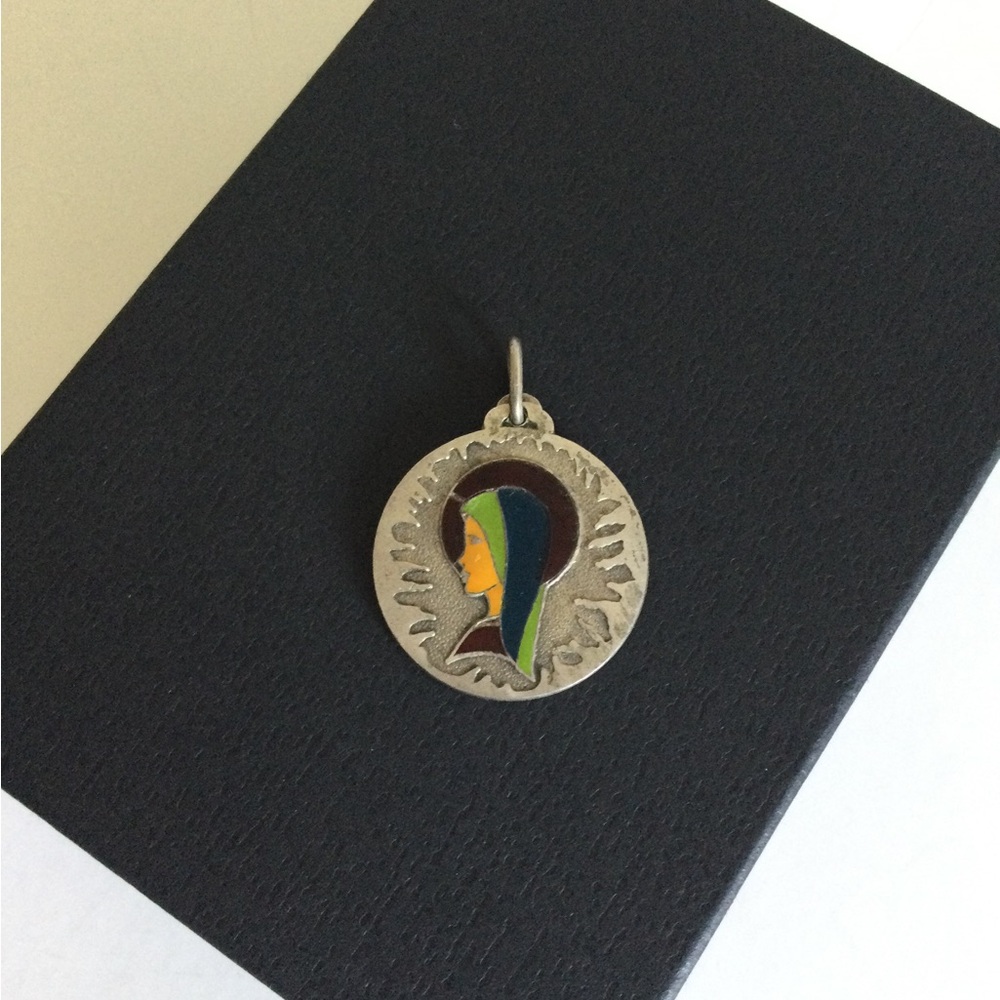 Vintage Sterling Silver 925 Enamel Pendant Necklace Charm Virgin Mary France